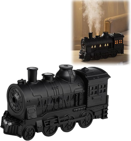 300ML Vintage Train Diffuser & Cool Mist Humidifier with Steam Effect, Remote Control, Dual Modes & Warm Blue LED Light (Black, Without remote control)