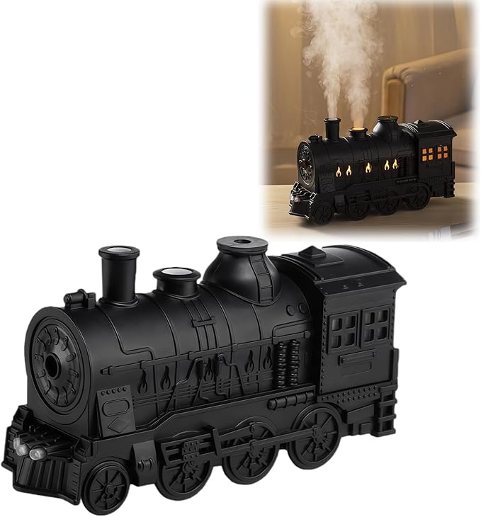 300ML Vintage Train Diffuser, Cool Mist Humidifier with Dual Modes, LED Light, Auto Shut-Off for Bedroom Office (Black, Without Remote Control)