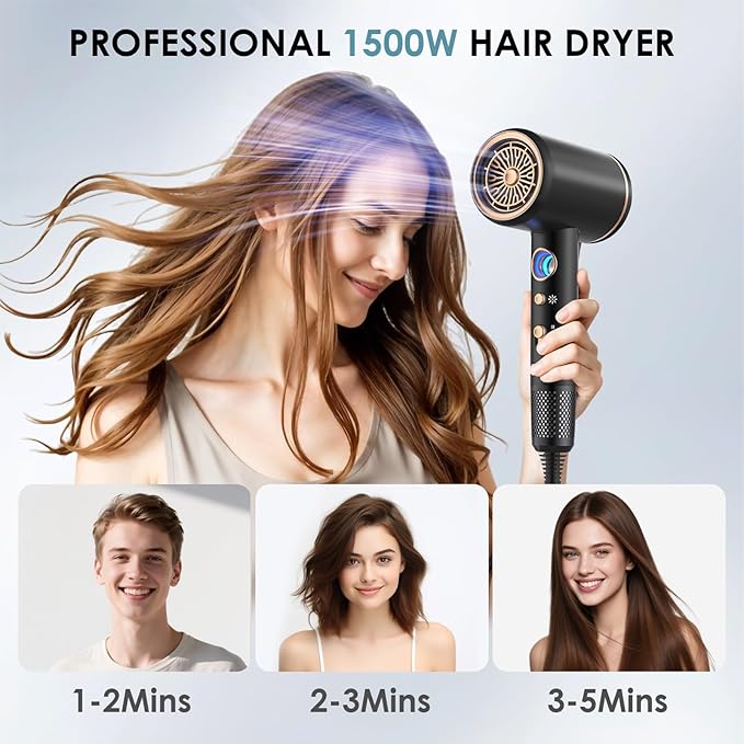 Hair Dryer, Professional Ionic Hair Dryer, Powerful 2200W Fast Drying Low Noise Blow Dryer with 2 Concentrator Nozzle 1 Diffuser Attachments for Women and Men (Black)