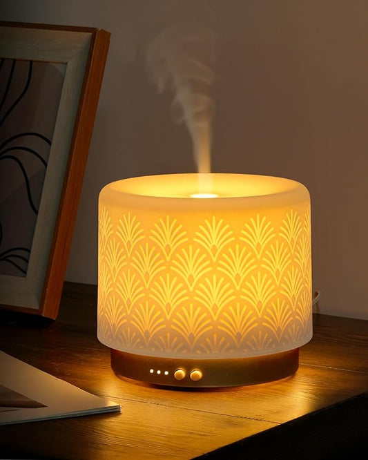 Essential Oil Diffuser -280ml Ceramic Diffuser for Large Room&Commercial Use, 2.4MHz Cool Mist Humidifier & Independent Decorative Light & Aromatherapy Diffuser, Pulse&Continuous Mist, Timer, Auto-Off