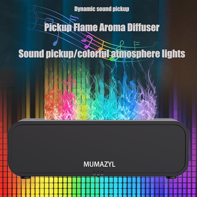 Essential Oil Diffuser, Flame Essential Oil Diffuser Humidifier, Music Sync Colorful Flame Diffuser, Timer & Waterless Auto Off 250ml Humidifier with 7 Colors Light for Home (Black)