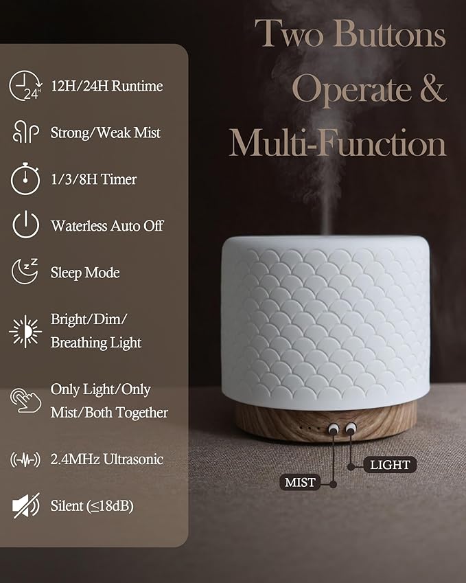 280ml Ceramic Ultrasonic Aromatherapy Diffuser | Cool Mist Humidifier for Large Rooms, Auto Shut-Off, Quiet Sleep Mode & 3 Timer Settings – Ideal for Home, Office, Spa, Yoga, and Bedroom