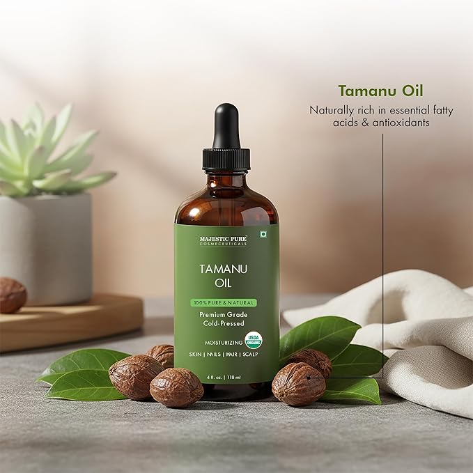 Majestic Pure Tamanu Oil 4 oz - 100% Pure & Natural - USDA Certified - Cold Pressed Carrier Oil for Face, Body, Lips, Nails, Shampoo & Conditioner
