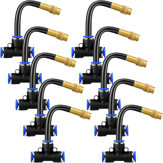 Zonon 10 Pcs Brass Misting Nozzles Tee with 4" Built in Hose for 0.32"/8 mm Tubing 360 Degree Rotation Adjustable Water Mister Nozzle Thread Sprayer Misting Part Accessories for Patio Outdoor Cooling