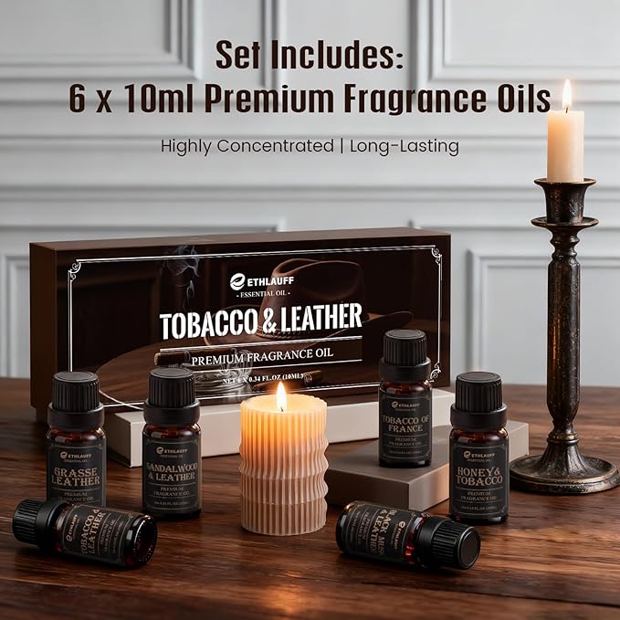 Men Essential Oils Set - | Leather, Sandalwood, Cologne, Smoke Tobacco Scents, Premium Fragrance Oils for Diffusers for Home, Candles & Aromatherapy Gifts for Him
