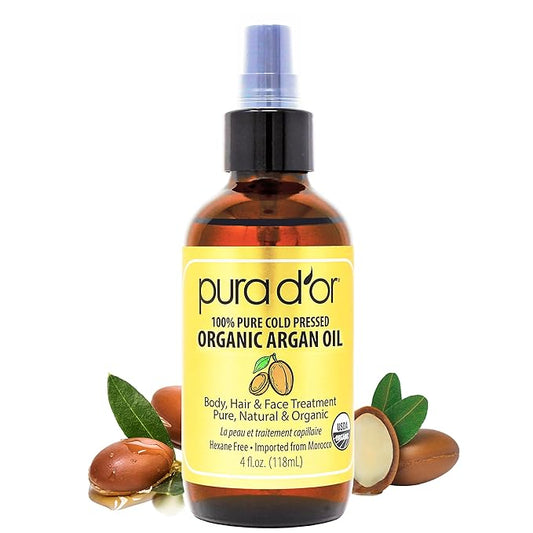 PURA D'OR 4 Oz Organic Moroccan Argan Oil – 100% Pure Cold-Pressed Virgin Grade – Lightweight Moisturizer for Skin, Face, Body & Hair Relaxer – Helps Dry Skin, Scalp Care, Split Ends, Nails & Cuticles