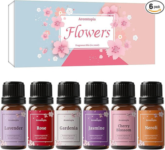 Flowers Fragrance Oils, Aromtopia Floral Essential Oils for Diffusers for Home, 6x10ml, Fragrance Oil for Soap Candle Making, Lavender, Rose, Gardenia, Cherry Blossom, Jasmine, Neroli