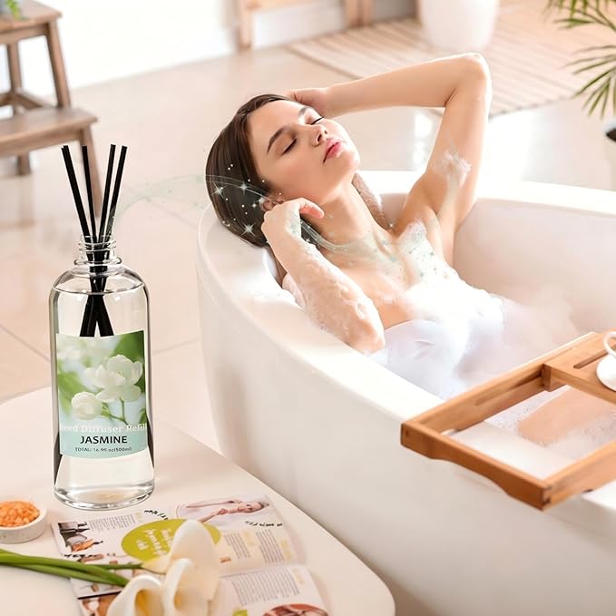 STRN Reed Diffuser Refill, Jasmine Scent Diffuser 500ml | 16.9 oz with 6 Reed Sticks, Room Fresheners for Home, Long-Lasting Fragrance for Living Room, Bedroom, Office, Home Décor