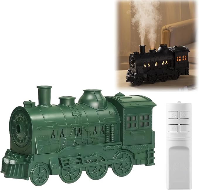 300ML Vintage Train Diffuser, Cool Mist Humidifier with Dual Modes, LED Light, Auto Shut-Off for Bedroom Office (Green, with Remote Control)