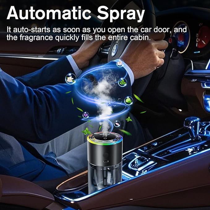 Amor Lyris Smart Car Air Freshener Diffuser, 5.7 fl oz Car Diffuser, Ultrasonic Mist, Long-Lasting Car Air Freshener up to 6 Months, RGB Light, Auto On/Off, Rechargeable British Pear Freshener