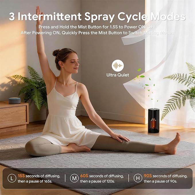 VOCOlinc Waterless Diffuser Starter Kit with 20mL Hotel Fragrance Oil, Battery Operated Nebulizer, 4 Timers ＆ 3 Mist Levels, Mini Scent Air Machine for Home, Room, Car, Office (Black)