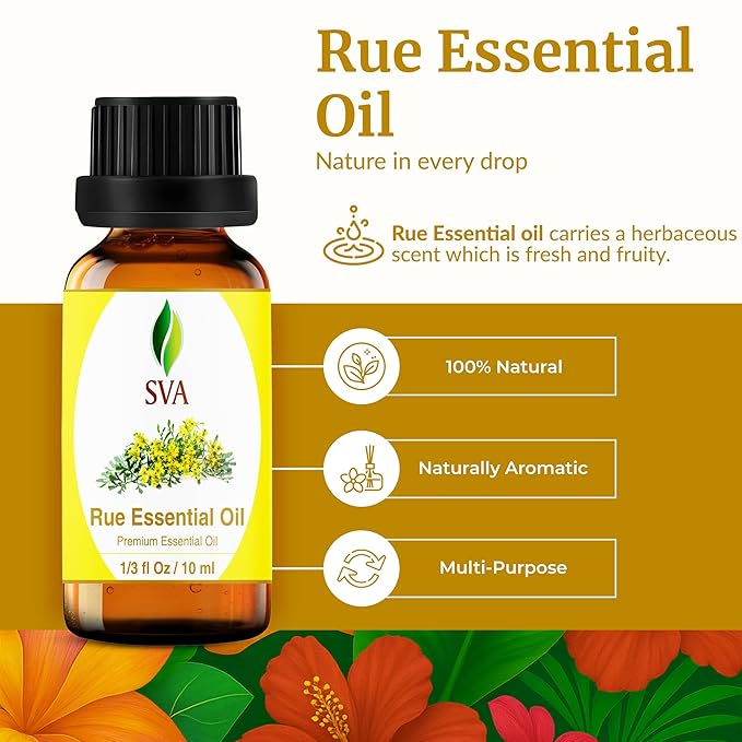 SVA Rue Essential Oil – 1/3 Fl Oz – 100% Natural Rue Oil - for Diffuser, Hair Care, Face, Skin Care, Aromatherapy, Scalp and Body Massage, Soap and Candle Making