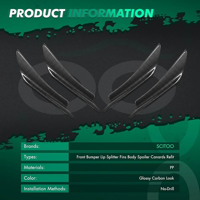 SCITOO Glossy Carbon Look Universal Front Bumper Canards Diffuser Lip Splitter Fins Bumper Splitters Aprons - 4PCS