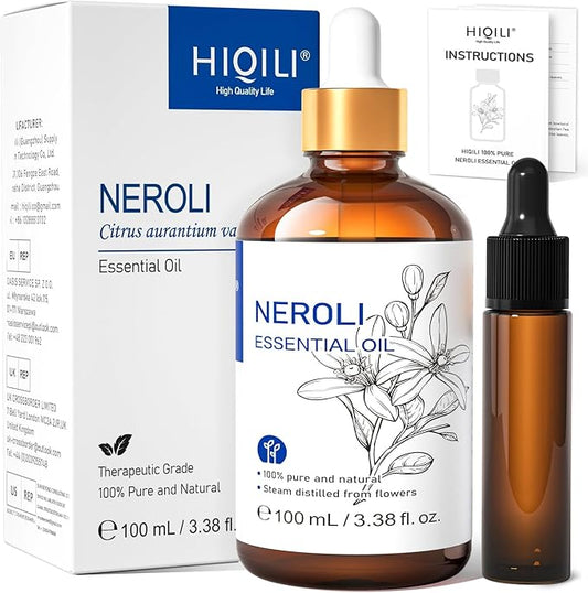 HIQILI Neroli Essential Oil 3.38 Fl Oz, Pure Natural Neroli Oil for Skin, Diffuser, Includes 10ML Travel Bottle - 100ML