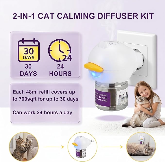 cat Calming Diffuser，Helps Reduce Fighting, Tension & Aggression Between Cats，Cat Pheromones Calming Diffuser for Stress-1 Diffusers & 3 Refills