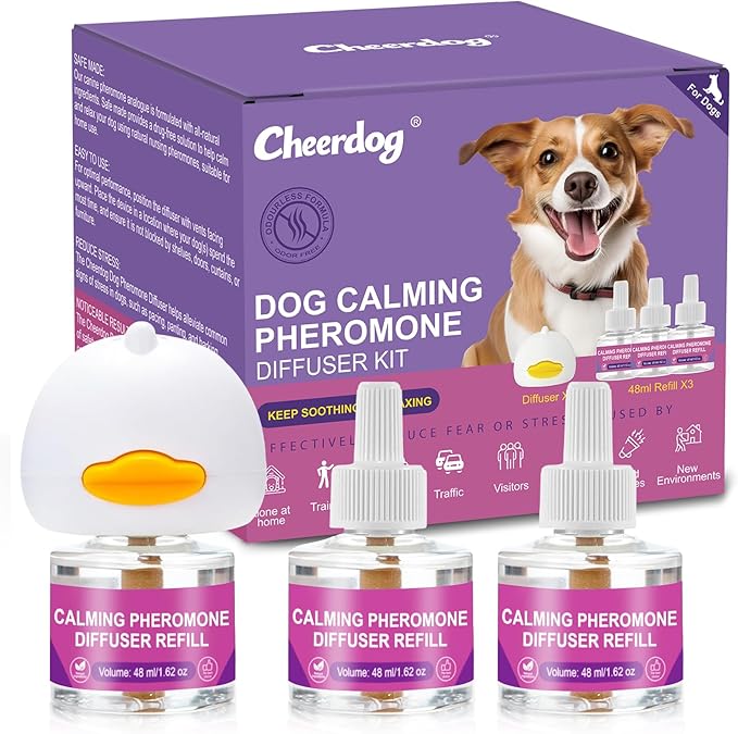 Cheerdog Dog Calming Pheromone Diffuser, Pet Calming Diffuser for Dog Anxiety Relief 3 Refills,Relieve Separation Anxiety, Stress Barking and Chewing Calm Relaxing (1 Diffuser+3 Refills)