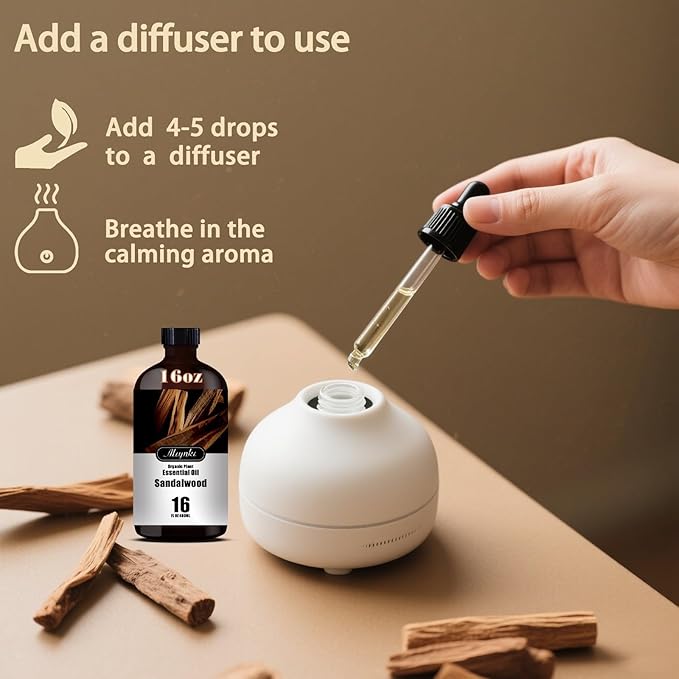 Sandalwood Essential Oil – MLYNKL Sandalwood Oils 16.33 fl oz for Diffusers, Humidifiers, Massage, DIY Candles, Soap, Cleaning, Home, Yoga, Office, Gifts - 490 ml