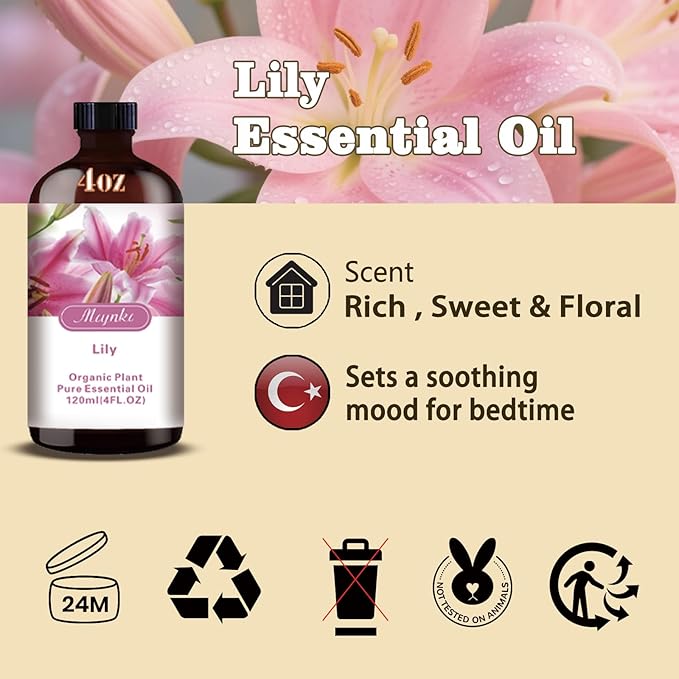 Lily Essential Oil – MLYNKL Lily Oils 4.33 fl oz for Diffusers, Humidifiers, Massage, DIY Candles, Soap, Cleaning, Home, Yoga, Office, Gifts - 130 ml