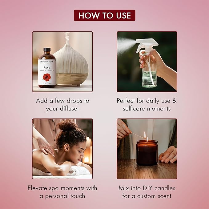 Majestic Pure Rose Premium Essential Oil 4 Fl Oz for Diffusers, Humidifiers, Massage, DIY Candles, Soap, Cleaning, Home, Yoga, Office, Gifts - 118 ml