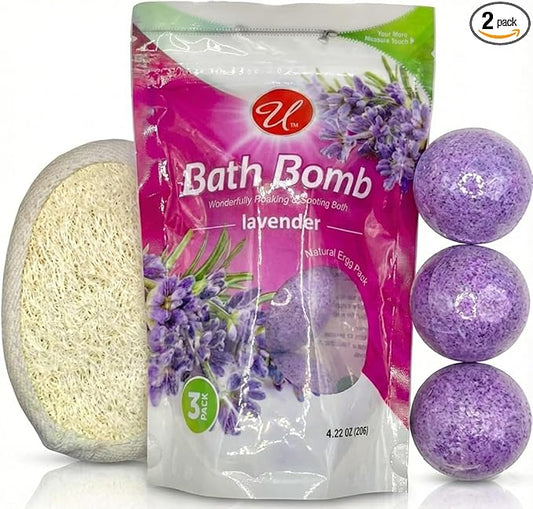 Lavender Bath Bombs 3 Pack with Exfoliating Sponge, Relaxing Aromatherapy Fizz for Men and Women, Spa Gift Set for Self Care, Skin Softening Essentials for Stress Relief and Home Bath Relaxation