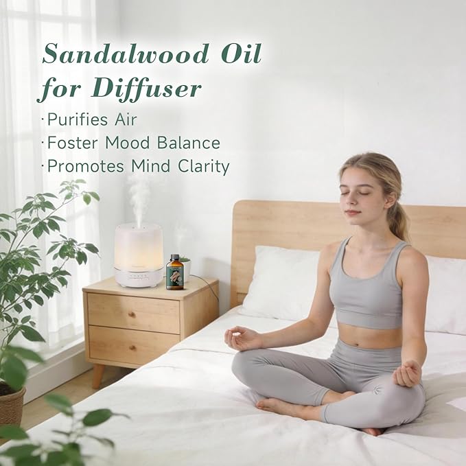 Sandalwood Essential Oil, Mumianhua Pure Sandalwood Oil, for Deep Meditation & Mood Balance, Luxurious Skin Serum & Diffuser Blend, Woody Base Note for Perfume, Candle Making, 3.38 Fl Oz