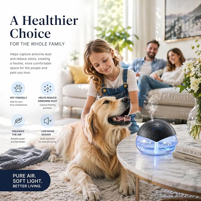 Air Freshener（Black） - for Home, Bedroom, Office and Warehouse - Essential Oil Aroma Diffuser with LED Color Night Light and Soothing Water Flow Sound - for Pets and Smokers.