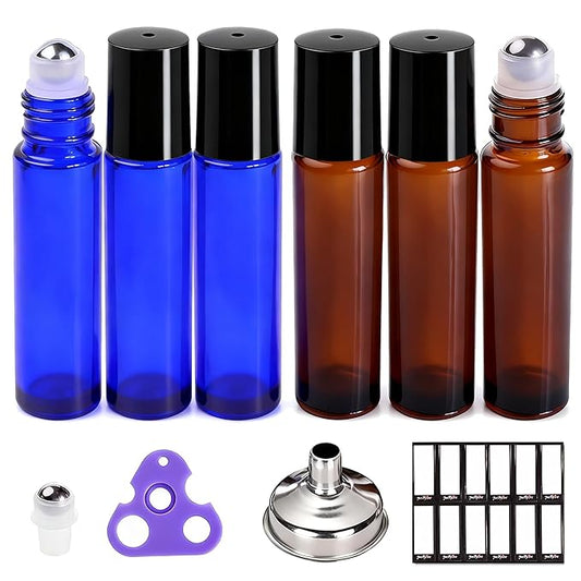 PrettyCare 6 pcs, 10 ml Roller Bottles for Essential Oil with Stainless Steel Roller Ball - Refillable Leak-proof Empty Thick Amber & Blue Glass Roll on Bottles with Black Caps for Travel, Perfume