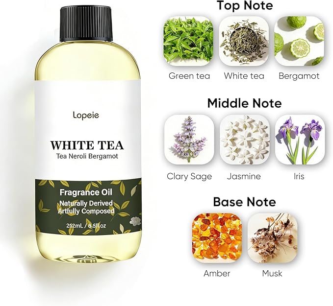 Lopeie White Tea Diffuser Oil – Essential Oil for Diffuser, Air Freshener & Room Spray – Long-Lasting with Notes of Tea, Neroli & Bergamot – Hotel Scent for Ultrasonic & Waterless Diffusers, 8.5 Fl Oz