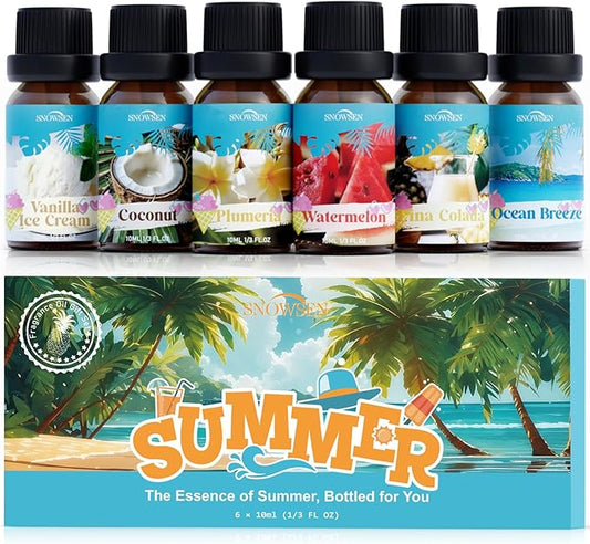 Summer Essential Oil Set for Diffusers for Home Premium Fragrance Oils - Includes Watermelon, Coconut, Ocean Breeze, Plumeria, Vanilla Ice Cream & Pina Colada, Candle Making Scents, 6X10ml