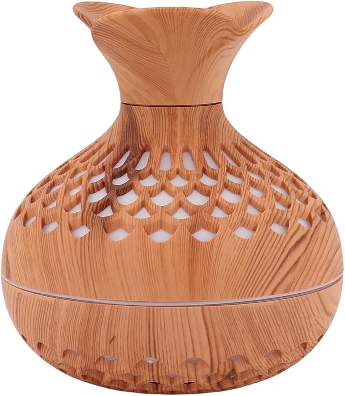 Humidifier , Flower Vase Shape Wood Grain 300ml Aromatherapy Diffuser USB Powered for Bedrooms (Amber)