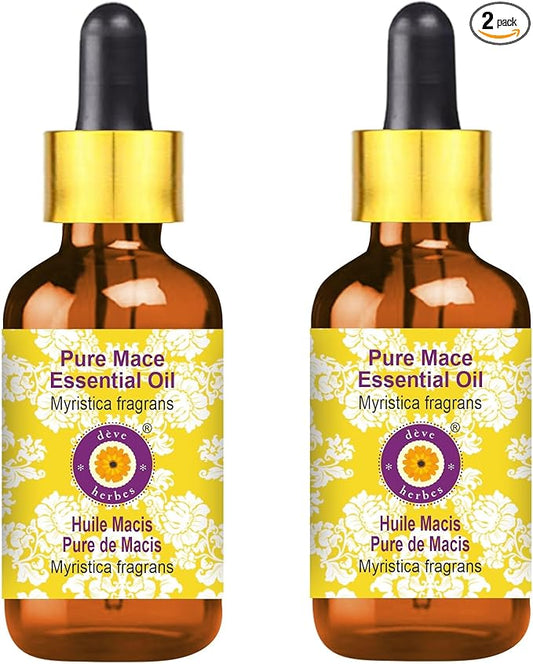 Deve Herbes Pure Mace Essential Oil (Myristica fragrans) with Glass Dropper Steam Distilled (Pack of Two) 100ml X 2 (6.76 oz)