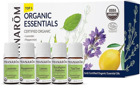 Pranarom - Top 5 Essential Oil Kit (5-Pack of 5ml) - Lavender, Peppermint, Tea Tree, Eucalyptus, and Lemongrass - 100% Pure Essential Oil | USDA and ECOCERT Certified Organic