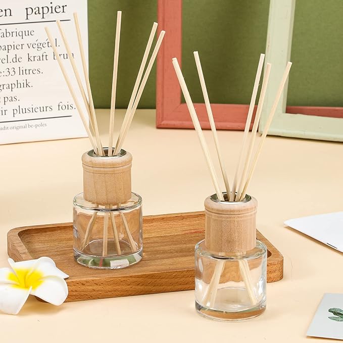 Roshtia 50 Set Reed Diffuser Bottle Empty Refillable Fragrance Glass Diffuser Bottles Set with Wooden Caps Sticks 50ml 1.7 oz Round Glass Jars for DIY Fragrance