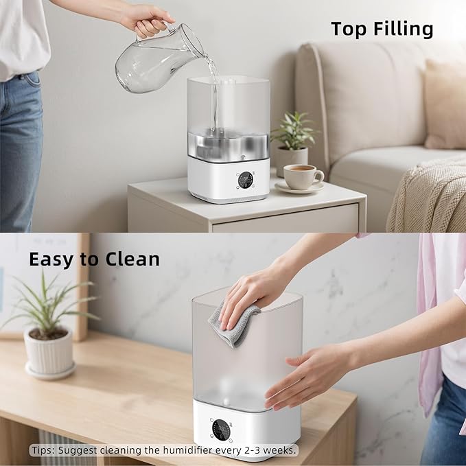 PKBD 6L Humidifier for Bedroom Large Room Home, 800ft² Wide Coverage, 26dB Quiet,Easy Top Fill, Quickly & Evenly Humidify, Real-Time Humidity Monitoring and Anti-dry Burn, White
