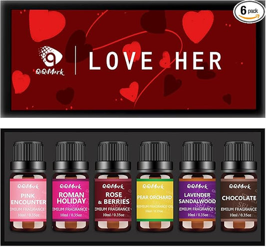 Essential Oils Set - Love HER, 6-in-1 Essential Oils for diffusers, Candle Making Scents, Fragrance, Aromatherapy, Gifts - Pink Encounter,Roman Holiday, Rose & Berries,Lavender Sandalwood, Chocolate