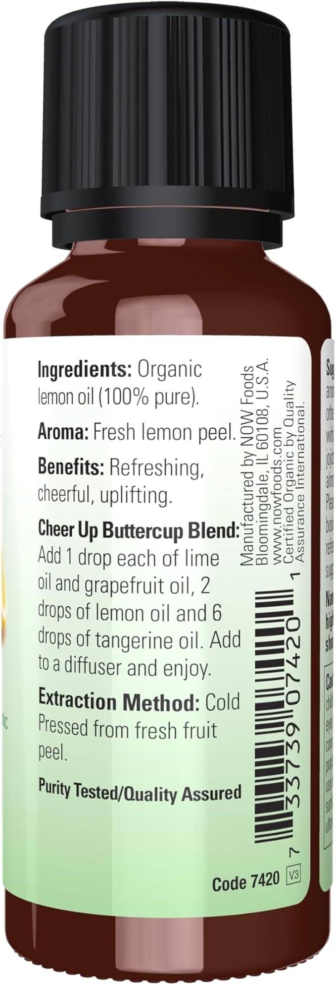 NOW Essential Oils, Organic Lemon Oil, Cheerful Aromatherapy Scent, Cold Pressed, 100% Pure, Vegan, Child Resistant Cap, 1-Ounce