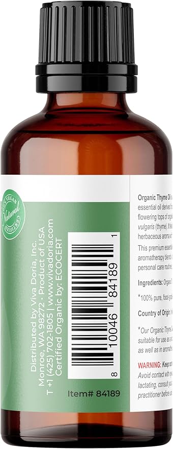 Viva Doria Thyme Essential Oil, USDA Certified, Organic Thyme Oil, 100% Pure, Natural Essential Oil, Undiluted, for Aromatherapy | Food Grade, 30 mL (1 Fluid Ounce)