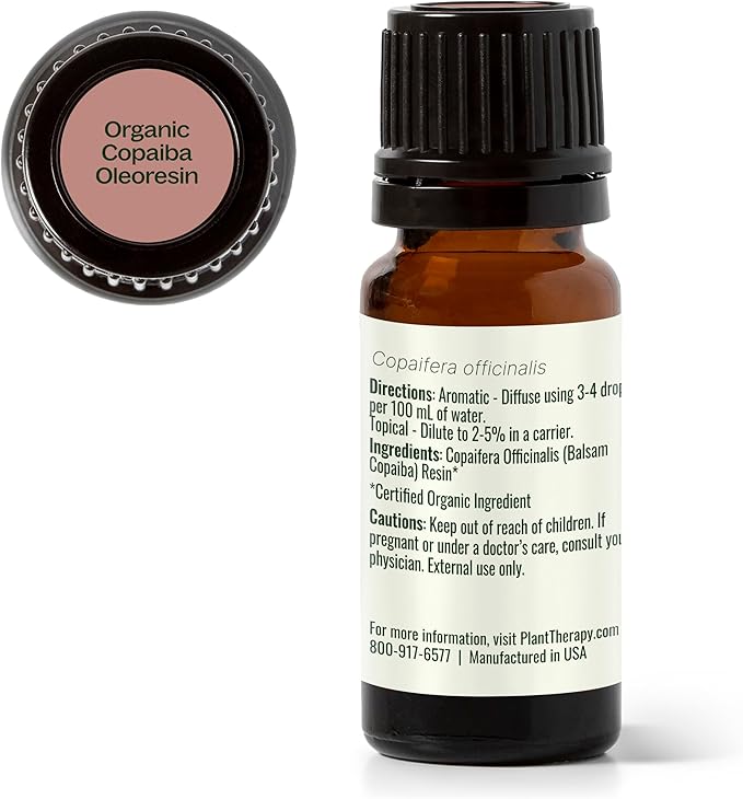 Plant Therapy Organic Copaiba Essential Oil (Oleoresin), 10 mL (1/3 oz), 100% Pure, USDA Certified Organic, Undiluted, Aromatherapy for Diffuser & Skincare