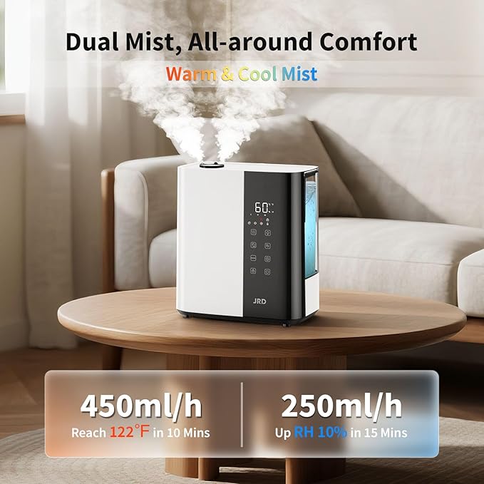 JRD Warm & Cool Mist Humidifiers for Bedroom 5L, Quiet Ultrasonic Air Humidifier Fast Symptom Relief, 50H Runtime, 12H Timer, Oil Diffuser, 7 Color Light for Large Room, Office, Baby, Plants-White
