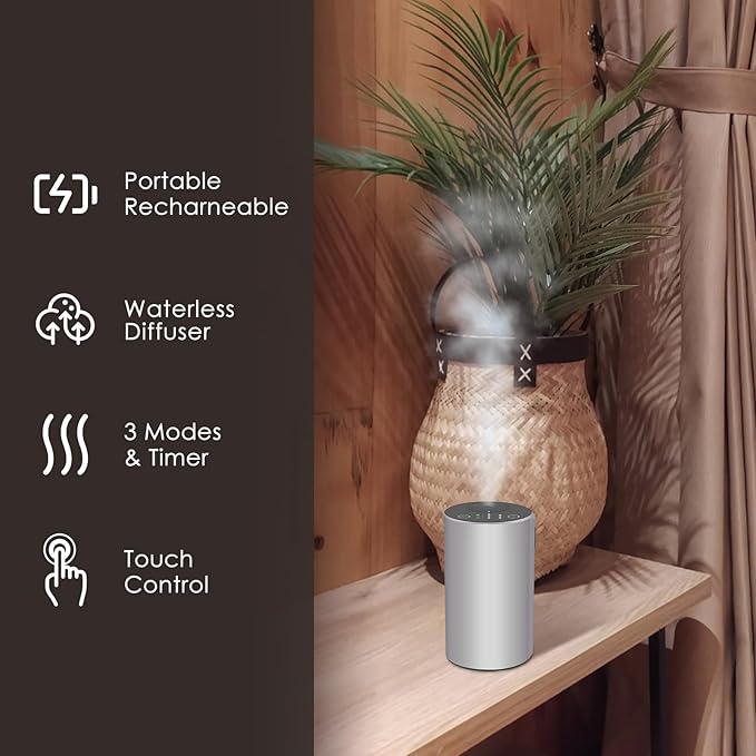 Waterless Essential Oil Diffuser, 7 Colors LED Light, Battery Powered Mini Scent Air Machine, Aromatherapy Mist Diffuser for Home Room Car Office，Black Aluminum Alloy (Silver)