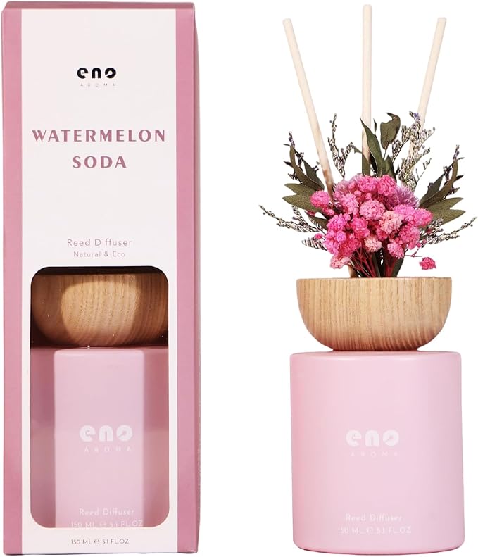Watermelon Soda Reed Diffuser Set with Dried Flowers, 5.1oz Essential Oil Home Fragrance, Long Lasting Air Freshener for Bathroom Shelf Decor, Housewarming Gift