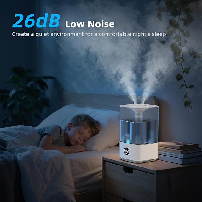 PKBD 6L Humidifier for Bedroom Large Room Home, 800ft² Wide Coverage, 26dB Quiet,Easy Top Fill, Quickly & Evenly Humidify, Real-Time Humidity Monitoring and Anti-dry Burn, White