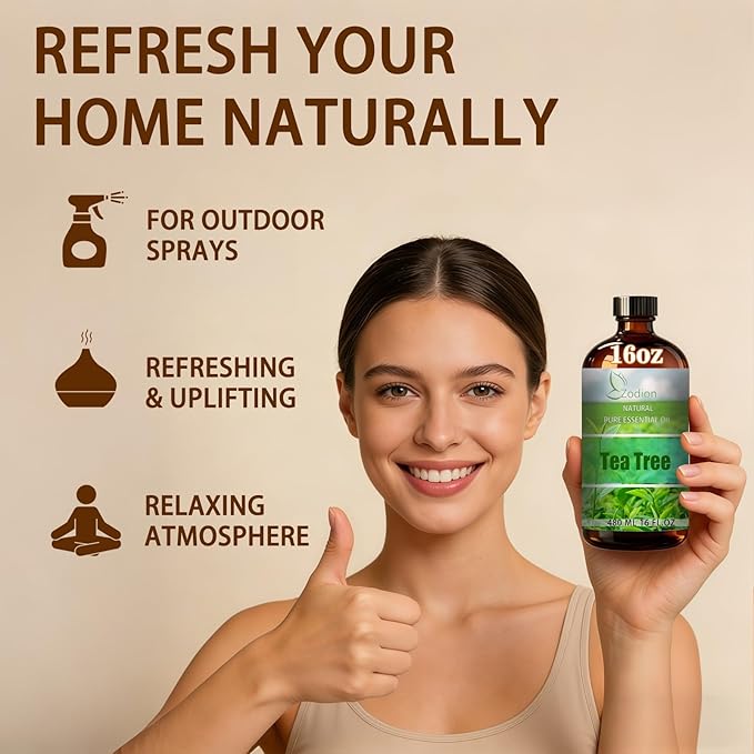 Tea Tree Essential Oil, 16 fl oz (480ml) - ZODION Tea Tree Fragrance Oil for Diffuser, Massage, Humidifier, DIY Candle, Soap Making, Home, Bath, Yoga