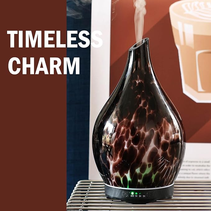 Porseme Essential Oil Diffuser Hand-Blown Glass Aroma Diffusor, Aromatherapy Unltrasonic Cool Mist deffuser, 7 Color Changing, Waterless Shut-Off, Timer Function for Home Office(280ml, Lava)
