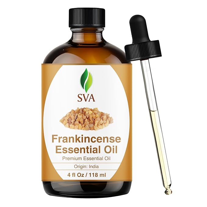 SVA Frankincense Essential Oil – 4 Fl Oz – 100% Natural Boswellia Serrata Oil - for Diffuser, Hair Care, Face, Skin Care, Aromatherapy, Scalp and Body Massage, Soap and Candle Making – with Dropper
