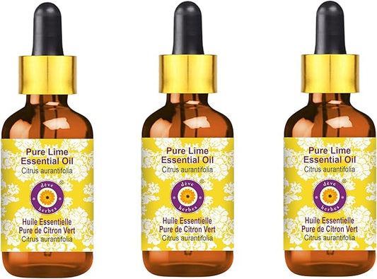 Deve Herbes Pure Lime Essential Oil (Citrus aurantifolia) with Glass Dropper Steam Distilled (Pack of Three) 100ml X 3 (10 oz)