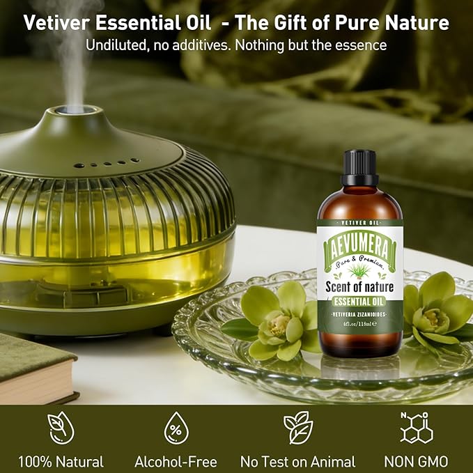 Vetiver Essential Oil 4oz for Diffuser, Humidifier, Homemade Household Cleaners, Large Capacity 118ml Vetiver Aroma Oil for Body Care, Massage, DIY Perfume, Soap & Candle Making