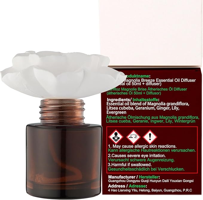 Room Scen Gift Set, Essential Oil Magnolia Breeze (1.7 fl.oz|50ml) and Diffuser, 60-Days Natural Air Freshener Non-Toxic Strong Fragrance Big Flower Diffuser Make Home Smell Good