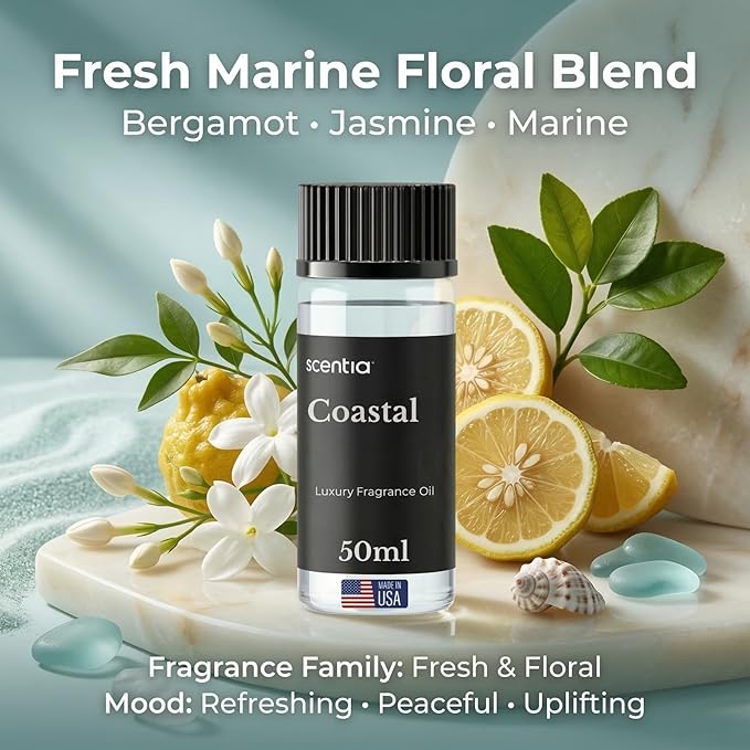 Scentia Coastal (Cabana) Hotel Scent Diffuser Oil – Luxury Fragrance Inspired by 5-Star Spa – 50 mL – Jasmine, Bergamot & Sea Breeze Essential Oil Blend for Home, Office & Aromatherapy Diffusers