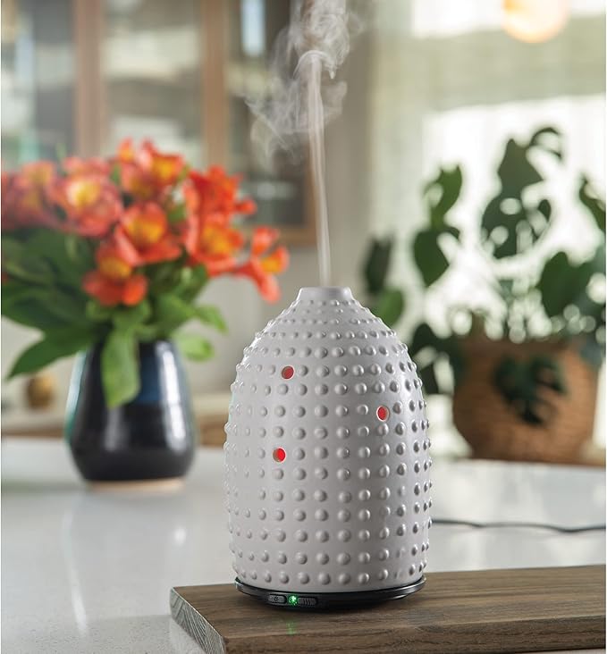 Airome Gray Hobnail Medium Ceramic Essential Oil Diffuser|100 mL Humidifying Ultrasonic Aromatherapy Diffuser 8 Colorful LED Lights, Intermittent & Continual Mist, Auto Shut-Off
